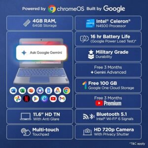 Lenovo {SmartChoice)Chromebook Intel Celeron N4500 (4GB RAM/64GB eMMC 5.1/11.6 Inch (29.46cm)/HD Display/2Wx2 Stereo Speakers/HD Camera/Chrome OS/Blue/1.21Kg), 82UY0014HA