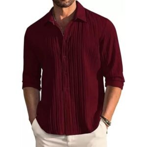 DEELMO Men’s Casual Button Down Shirts Long Sleeve Linen Shirt Fashion Textured Beach Summer Shirt