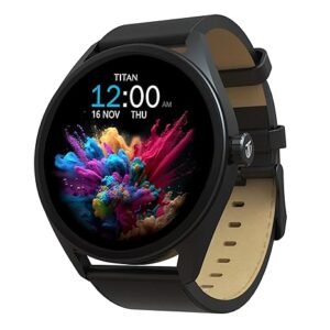 Titan Crest 1.43” AMOLED Smart Watch for Productivity with BT Calling, AI Morning Briefs, Functional Crown, Health Tracking, Aluminium Body, 100+ Sports Modes, Smartwatch for Men and Women – Black