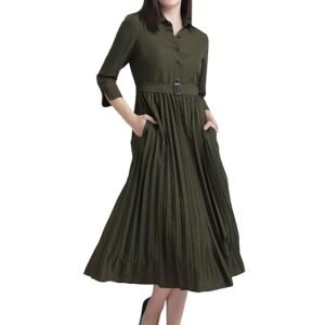 FableStreet Women’s Polyester Collared Pleated Fit and Flare Midi Dress – Olive (DR534OLIV)