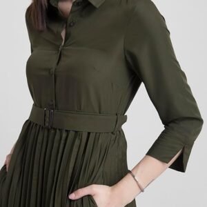 FableStreet Women’s Polyester Collared Pleated Fit and Flare Midi Dress – Olive (DR534OLIV)