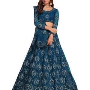Women’s Semi Stitched Net Lehenga Choli with Embroidered Pattern Unstitched Blouse Piece and Dupatta Set | Women’s Lehenga Choli
