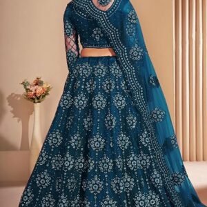 Women’s Semi Stitched Net Lehenga Choli with Embroidered Pattern Unstitched Blouse Piece and Dupatta Set | Women’s Lehenga Choli