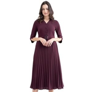 FableStreet Women’s Casual A-line Striped Maroon Shirt Dress