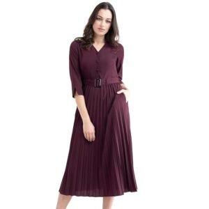 FableStreet Women’s Casual A-line Striped Maroon Shirt Dress
