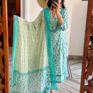 Women’s Cotton Floral Printed Anazrkali Kurti with Pant & Dupatta Set