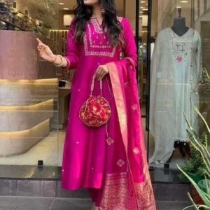 Women’s Viscose Silk Heavy Embroidered Straight Kurta With Trouser & Banarasi Jacquard Dupatta Set