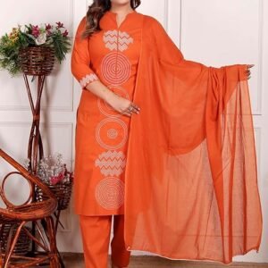 Women’s Cotton Printed Straight Kurti With Pant and Dupatta Set (DARK Orange-XXL)