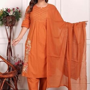 Women’s Cotton Embroidered Straight Kurti With Pant and Dupatta Set (Orange)