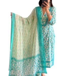 Women’s Cotton Floral Printed Anazrkali Kurti with Pant & Dupatta Set