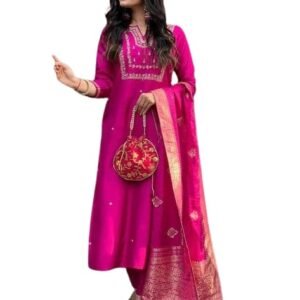 Women’s Viscose Silk Heavy Embroidered Straight Kurta With Trouser & Banarasi Jacquard Dupatta Set