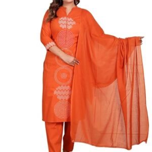 Women’s Cotton Printed Straight Kurti With Pant and Dupatta Set (DARK Orange-XXL)