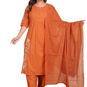 Women’s Cotton Embroidered Straight Kurti With Pant and Dupatta Set (Orange)