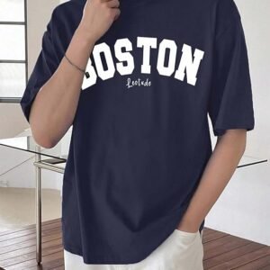 LEOTUDE Man Cotton Blend Graphic Print Round Neck Half Sleeve Drop Shoulder Oversized T Shirt (Color Navy Blue)